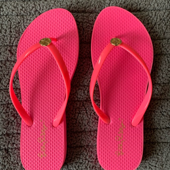 Lilly Pulitzer Hot Pink Flip Flops with Gold Accent - Picture 3 of 3